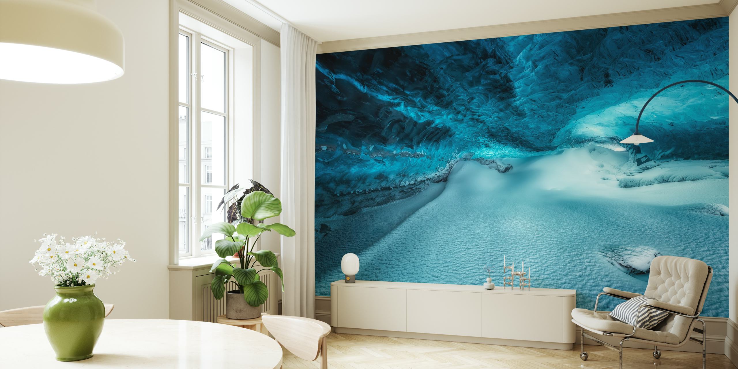Underwater ice cavern wall mural displaying shades of blue and frozen textures